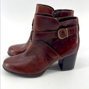 NWOT Born Carabel Cognac leather heeled side zip harness ankle boots sz 6